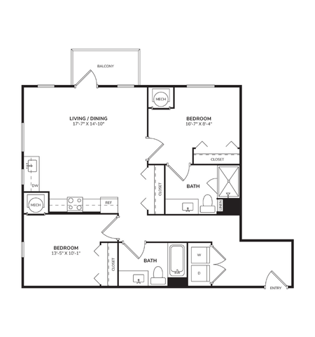 Floor plan for 2 beds, 2 baths, 1037 sqft